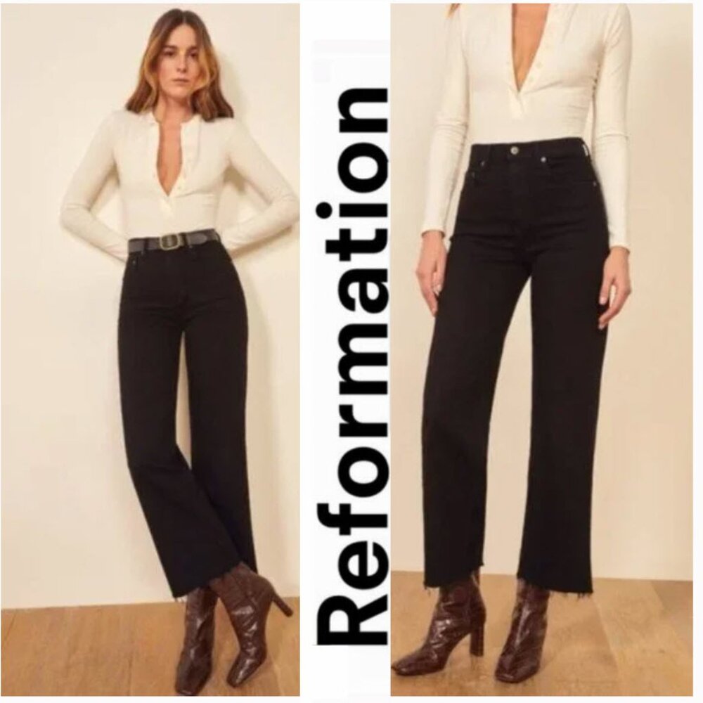 Reformation Emma High Rise Wide Leg Jeans Black Raw Hem 24 Designer Coquette